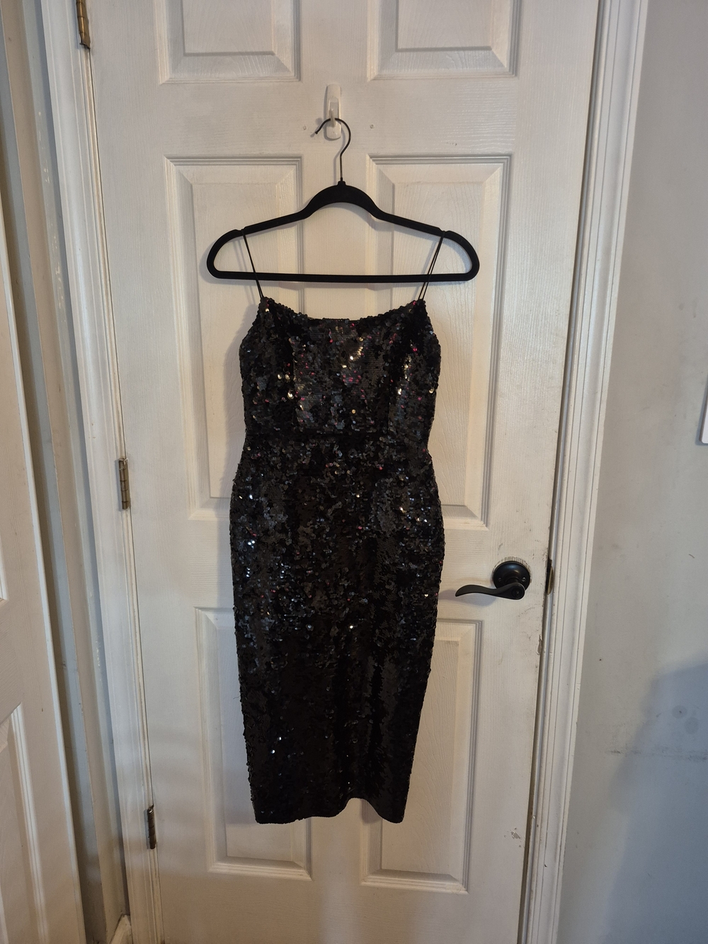 Alex Perry Black Sequin Spaghetti Strap Midi Dress